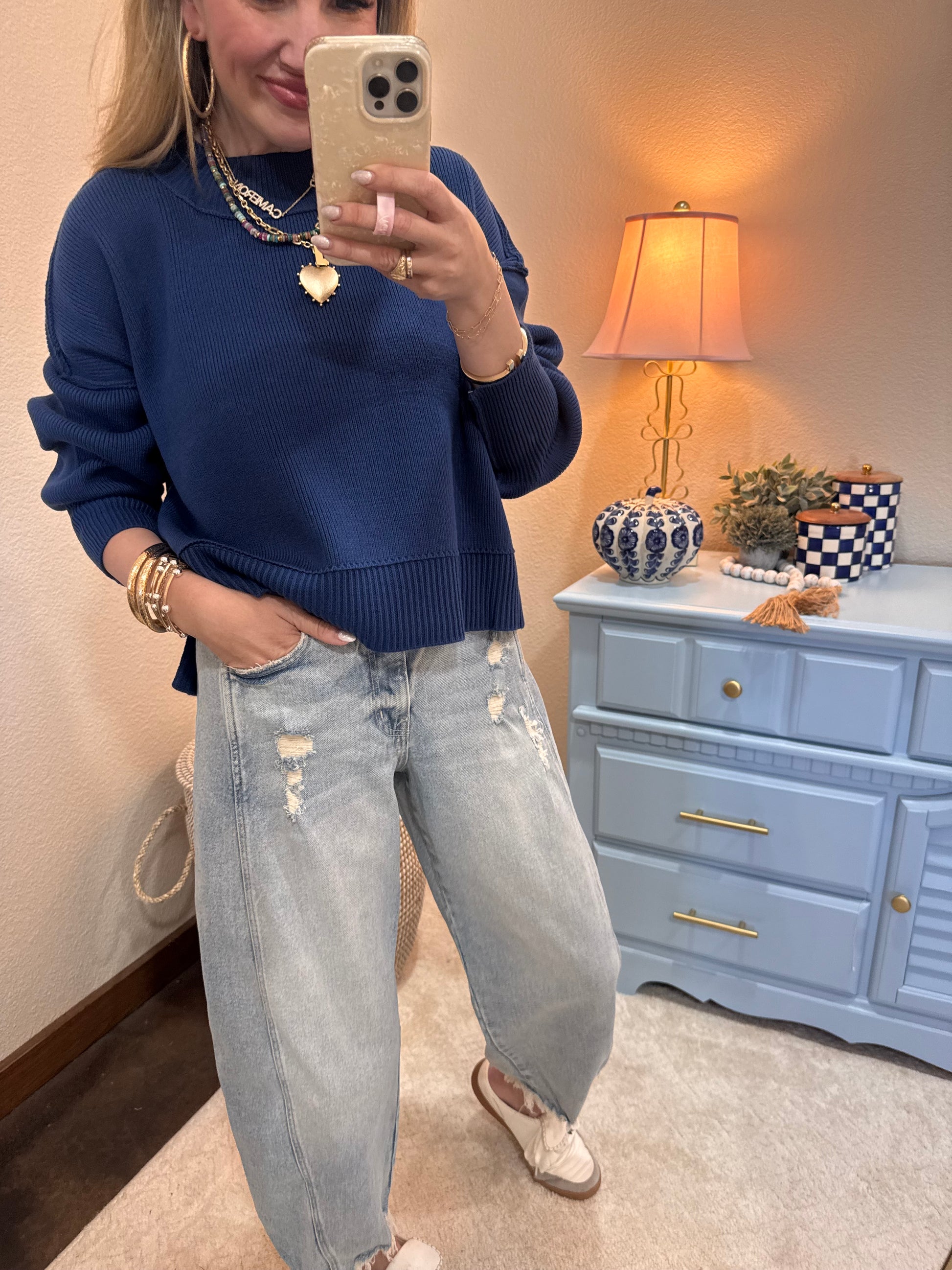 Lt Navy Waist Length Mock Neck Sweater