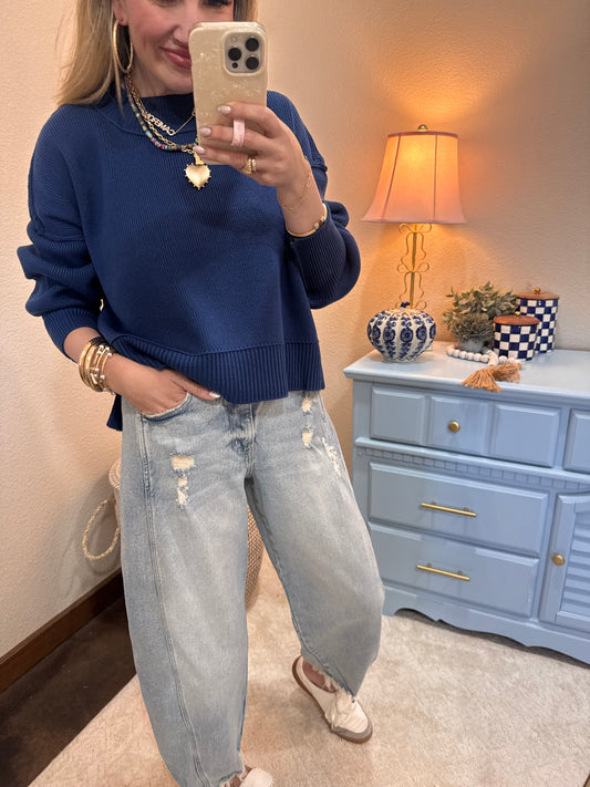 Lt Navy Waist Length Mock Neck Sweater