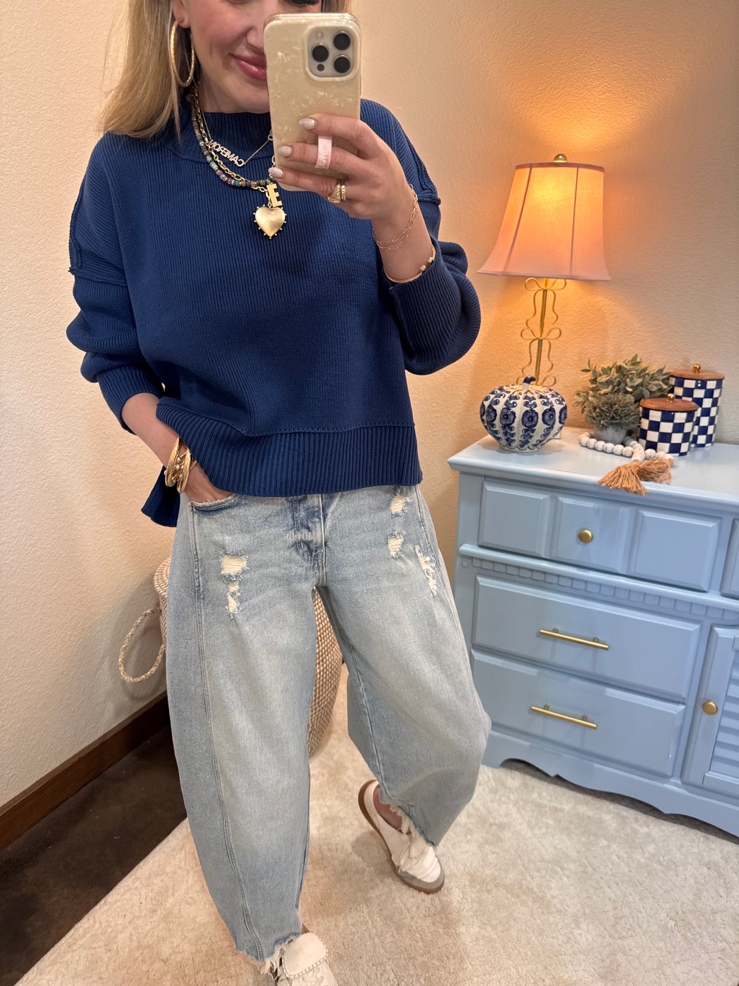 Lt Navy Waist Length Mock Neck Sweater