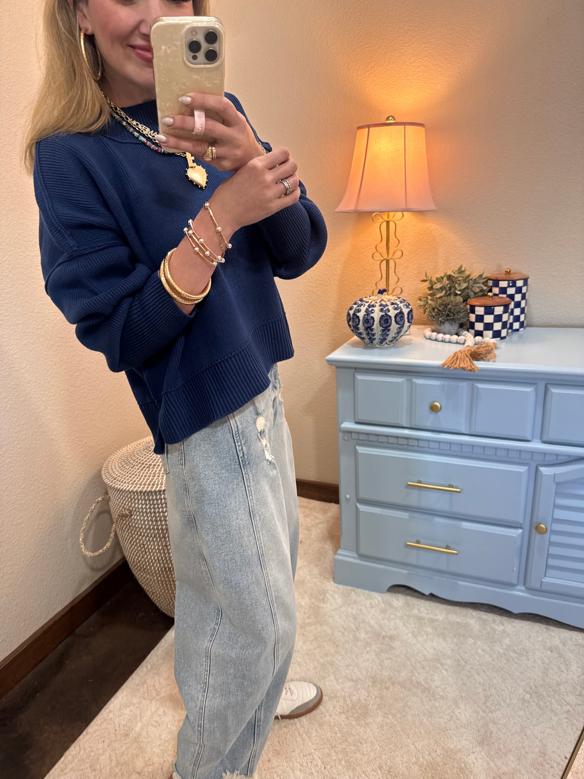 Lt Navy Waist Length Mock Neck Sweater