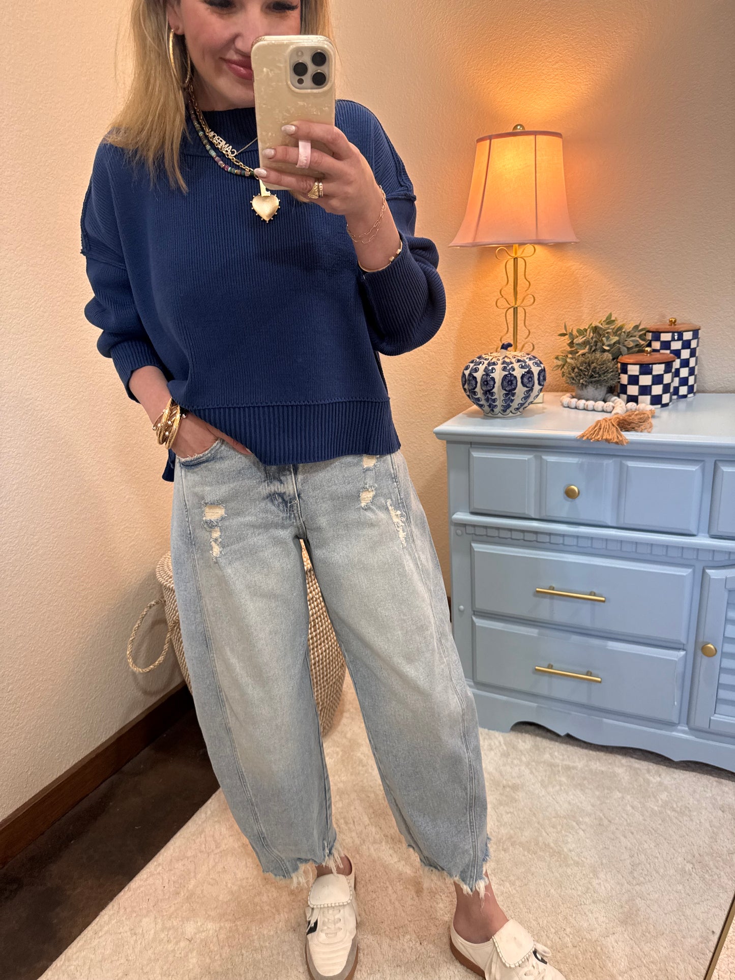Lt Navy Waist Length Mock Neck Sweater