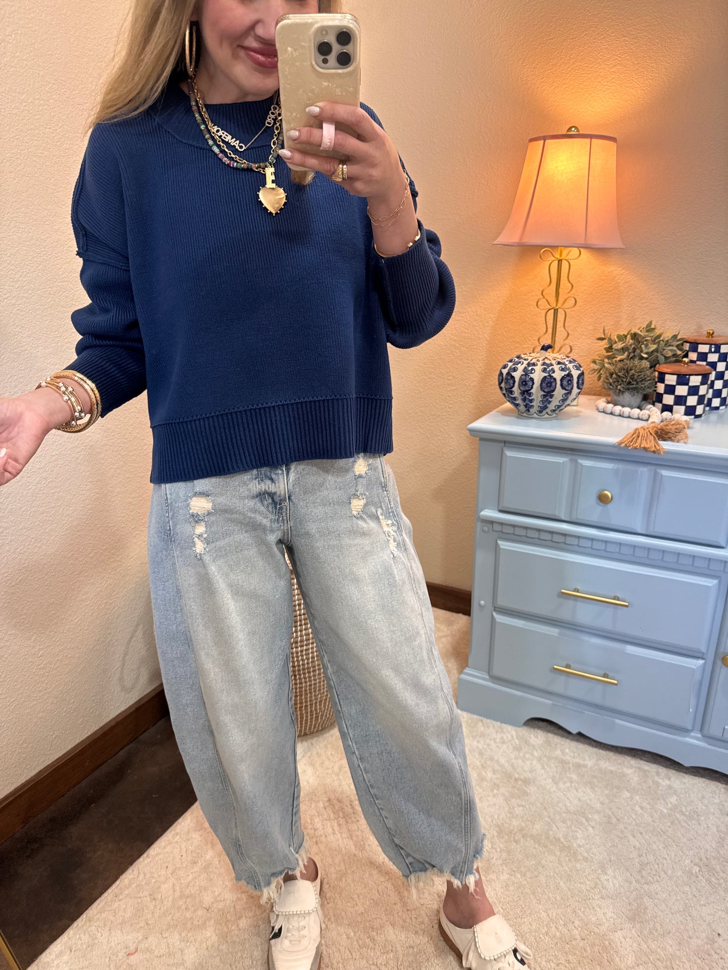 Lt Navy Waist Length Mock Neck Sweater