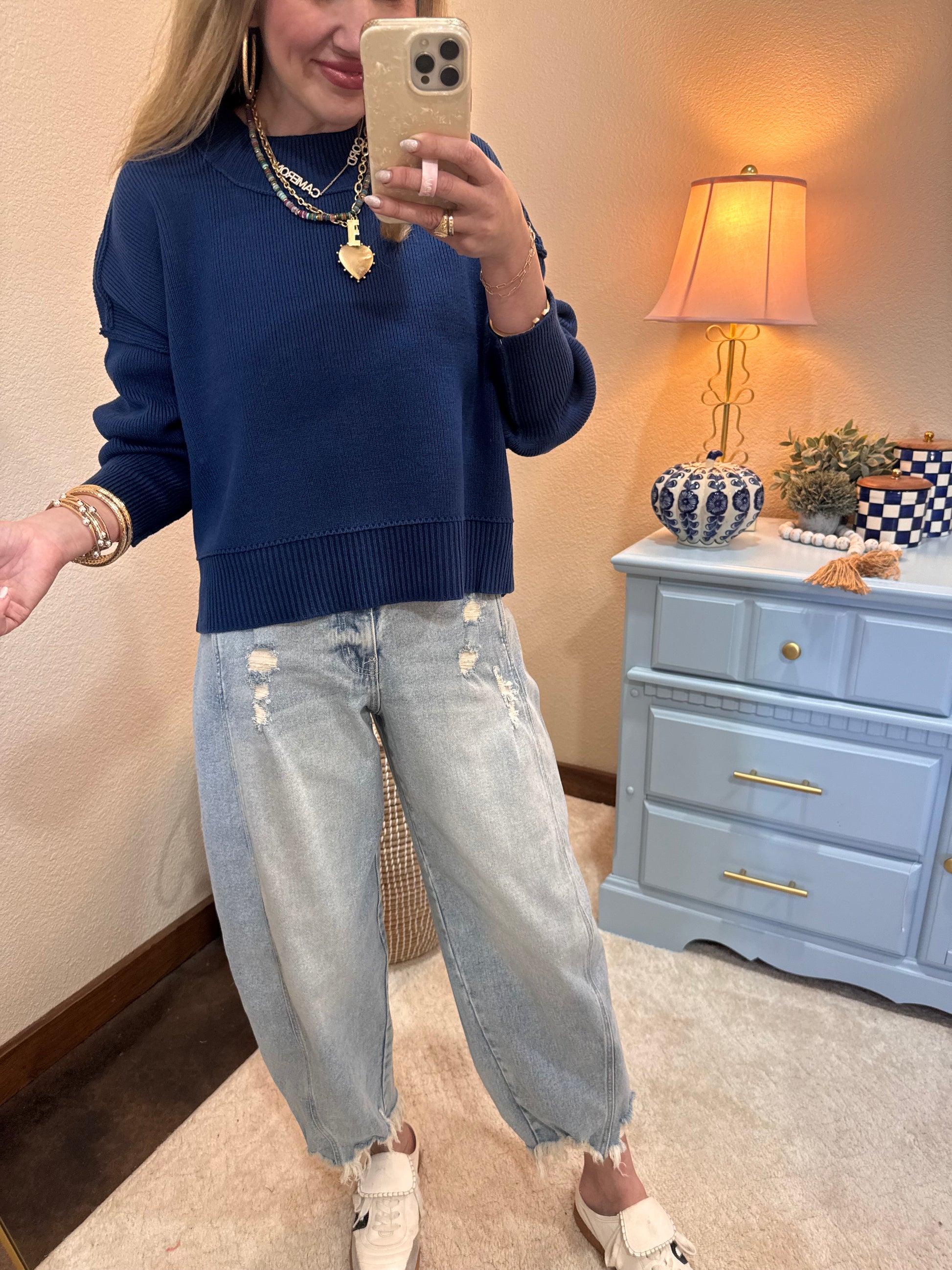 Lt Navy Waist Length Mock Neck Sweater
