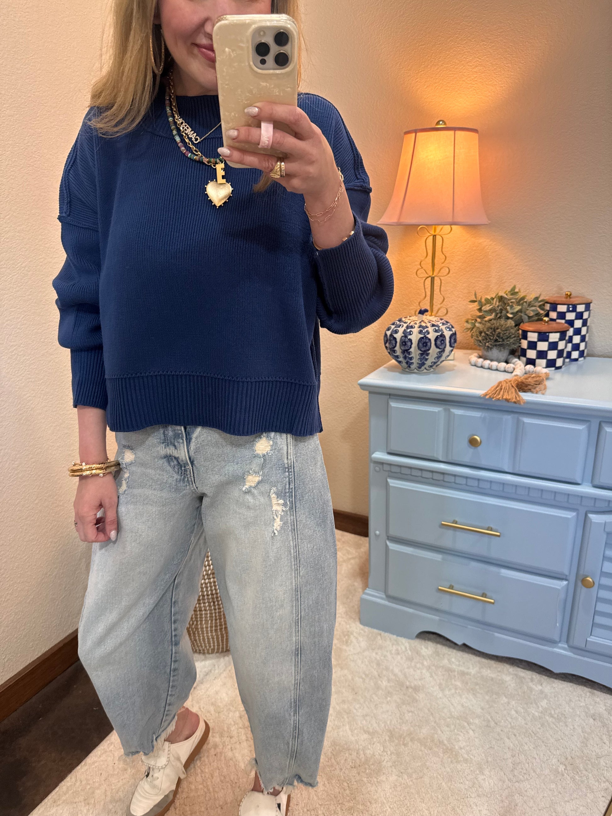 Lt Navy Waist Length Mock Neck Sweater