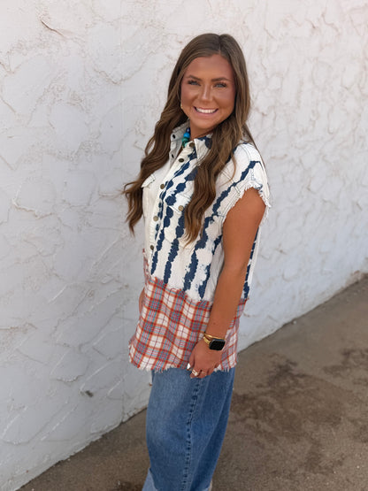 Plaid and Mineral Washed Sleeveless Denim Button Top