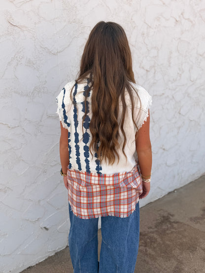 Plaid and Mineral Washed Sleeveless Denim Button Top