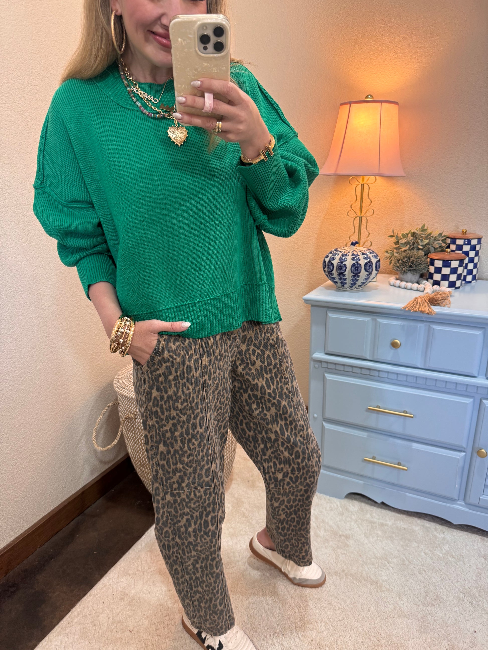 Kelly Green Waist Length Mock Neck Sweater