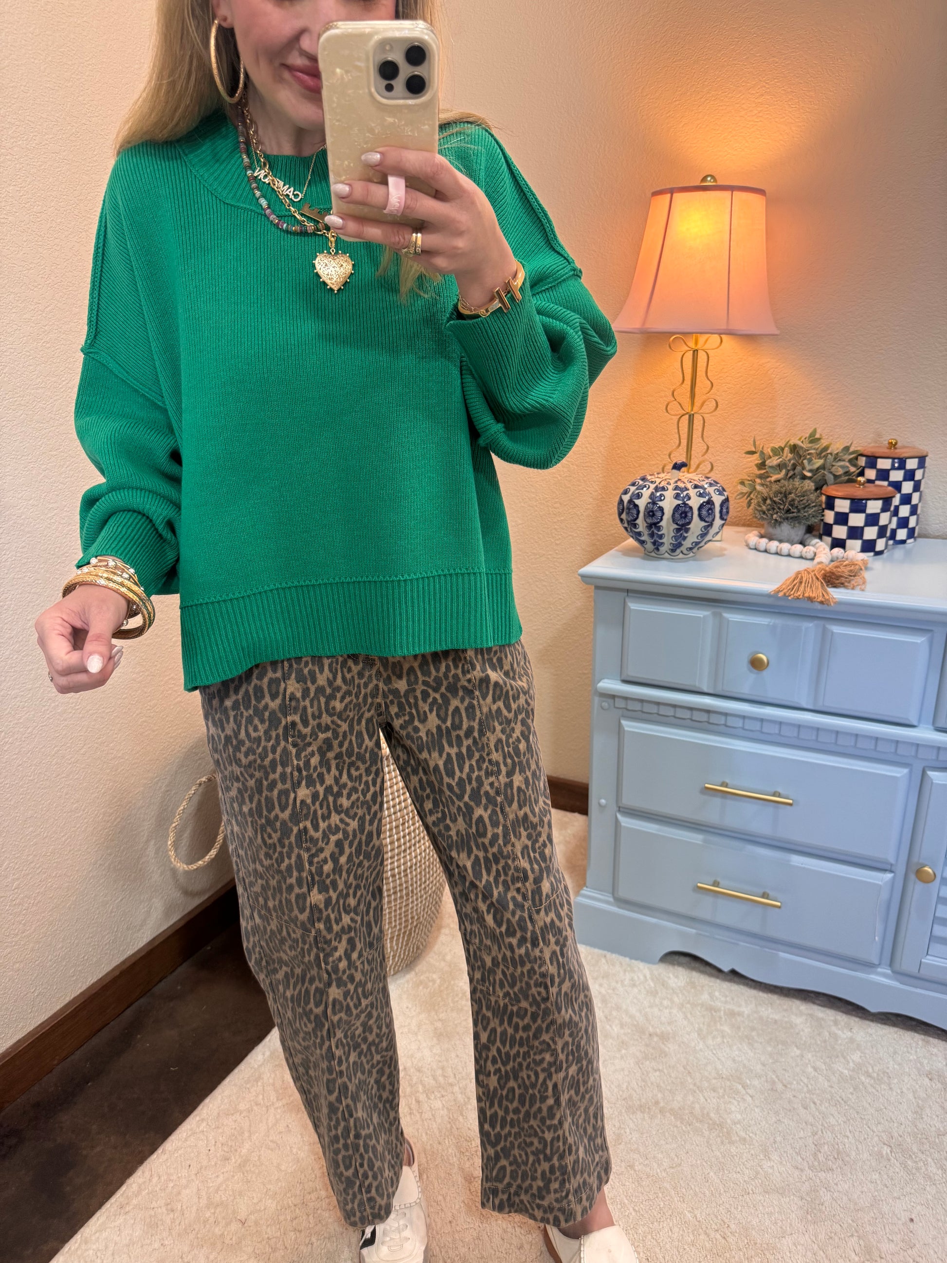 Kelly Green Waist Length Mock Neck Sweater