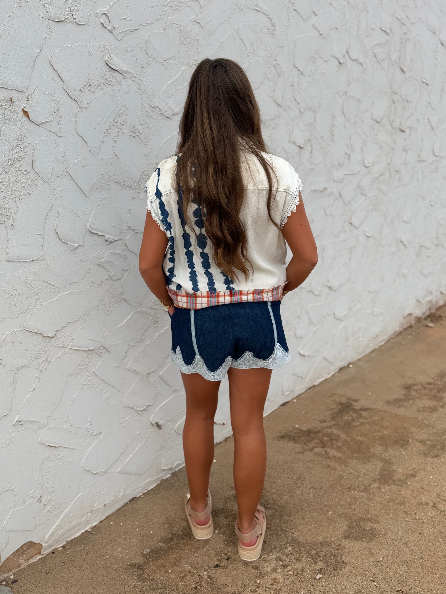 Lace Trimmed Lightweight Denim Shorts