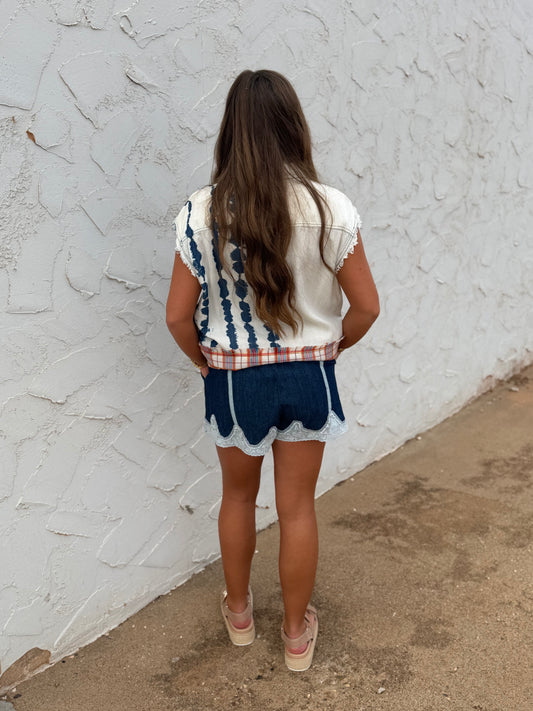 Lace Trimmed Lightweight Denim Shorts