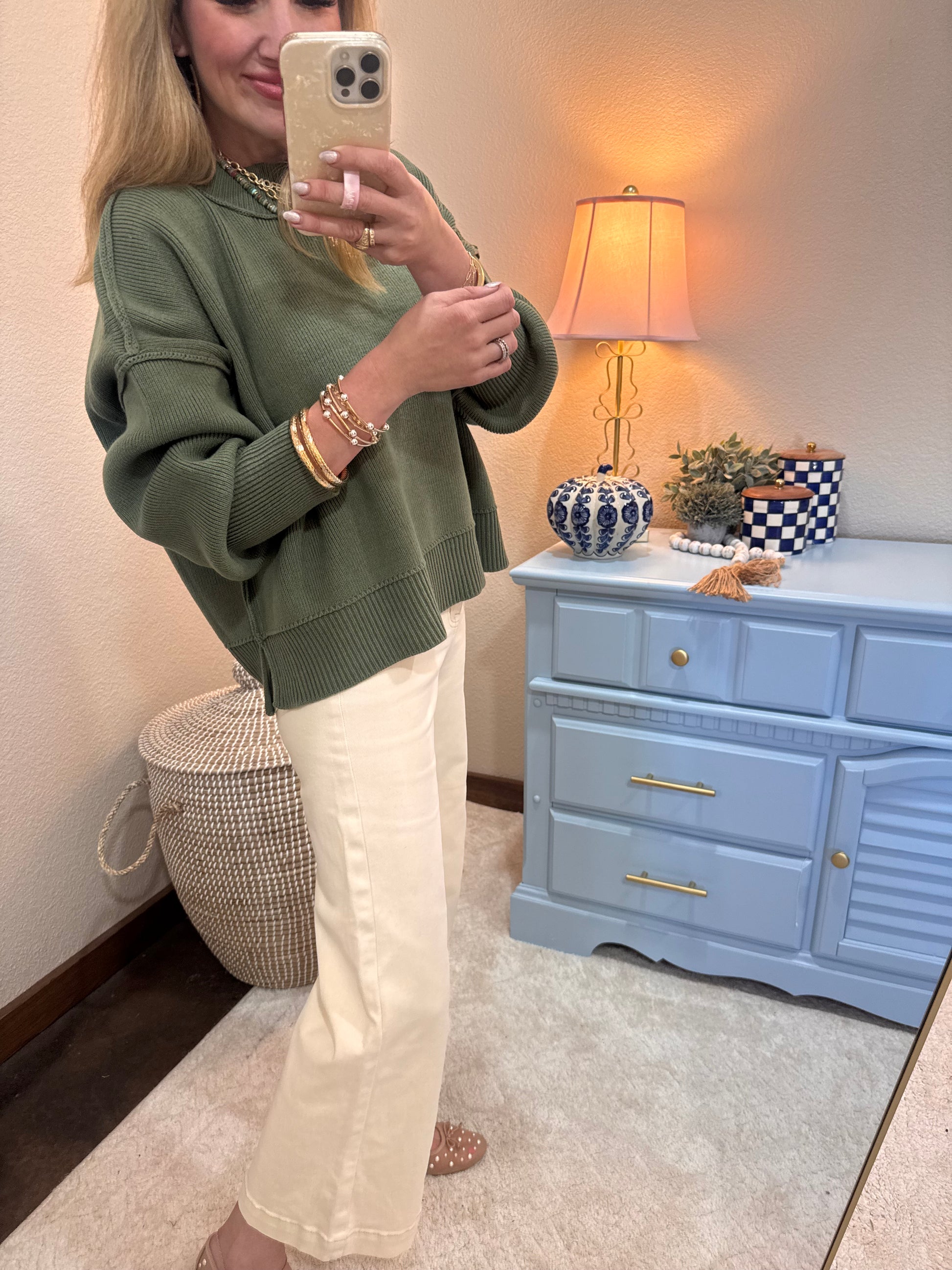 Lt Olive Waist Length Mock Neck Sweater