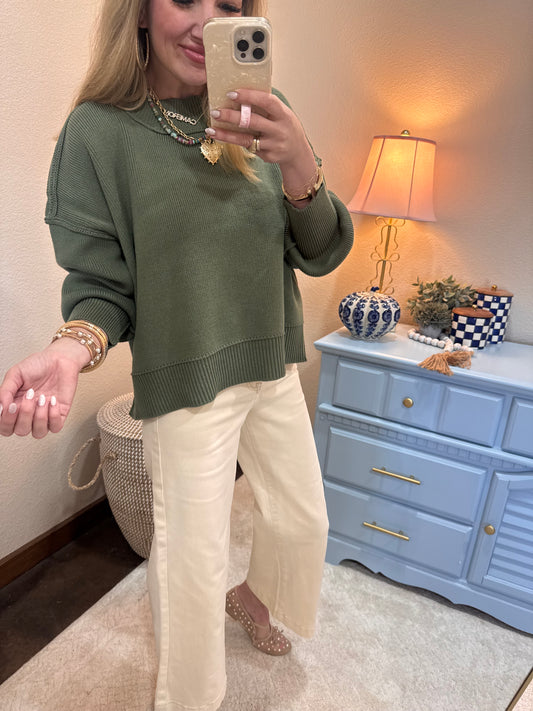 Lt Olive Waist Length Mock Neck Sweater