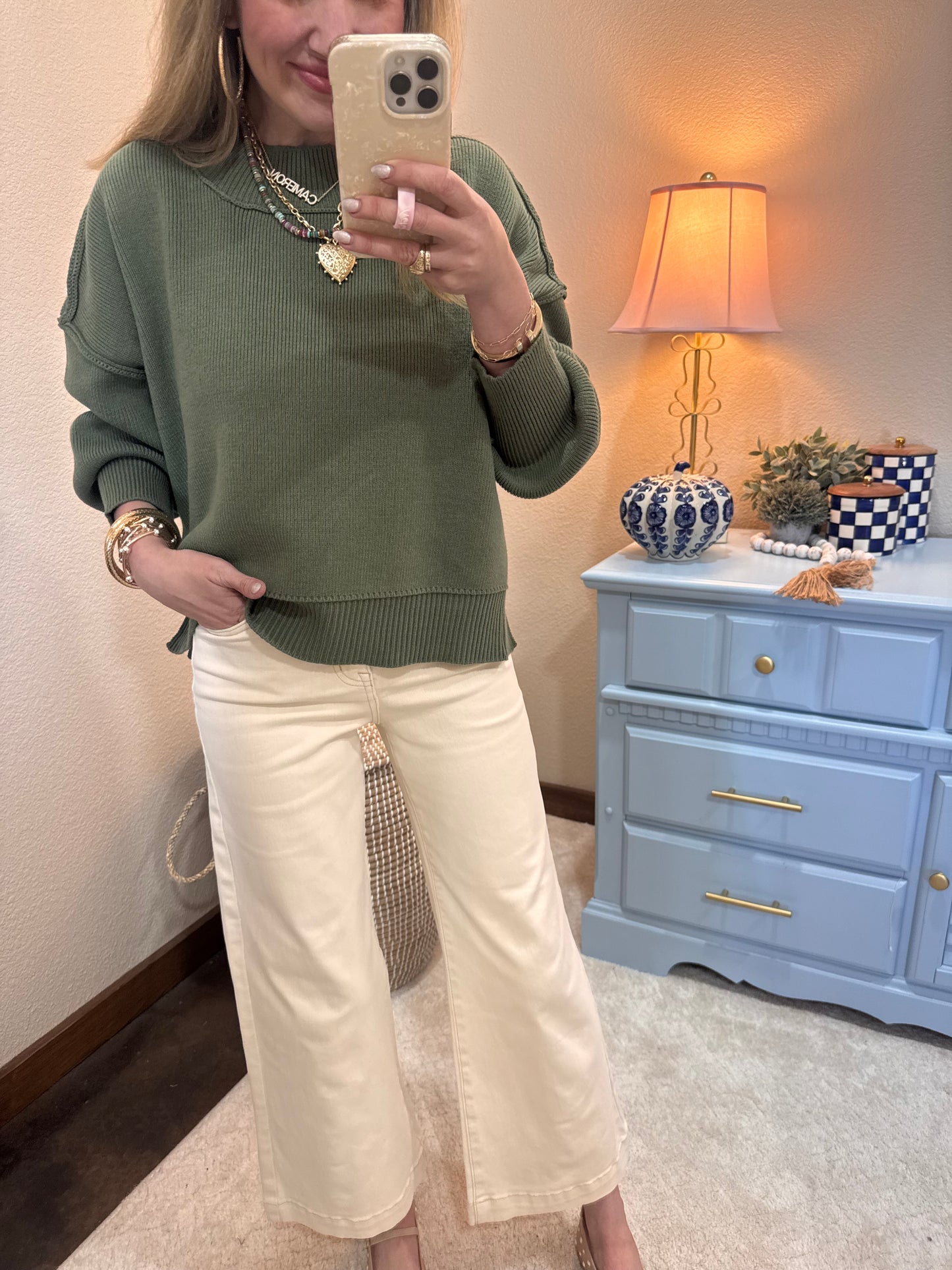Lt Olive Waist Length Mock Neck Sweater