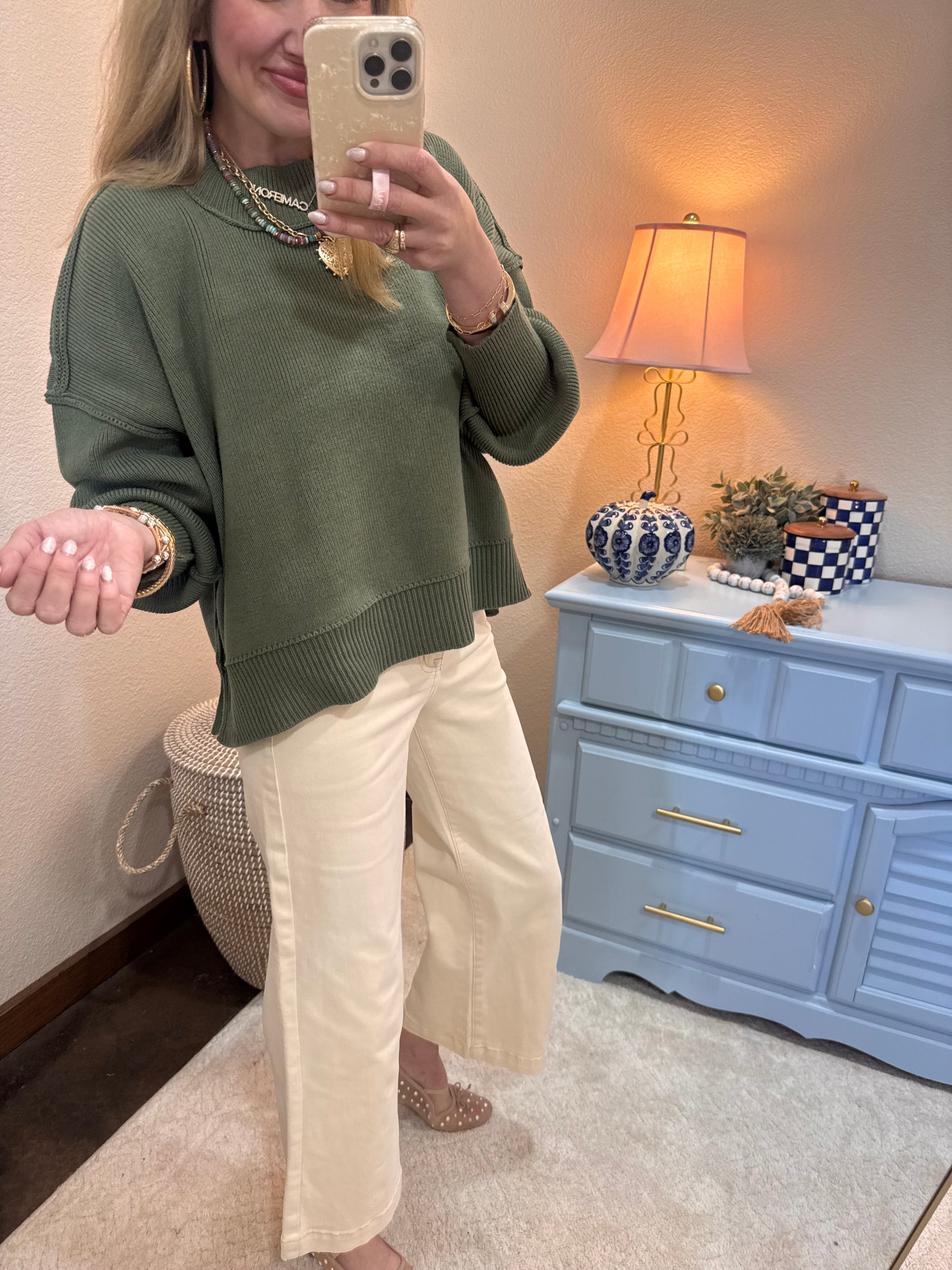 Lt Olive Waist Length Mock Neck Sweater