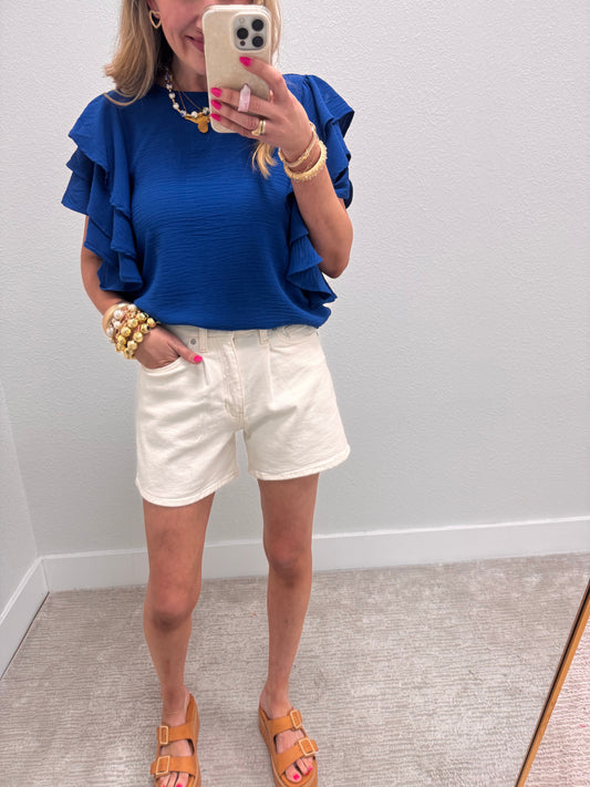 Classic Blue Triple Ruffle Sleeve Top