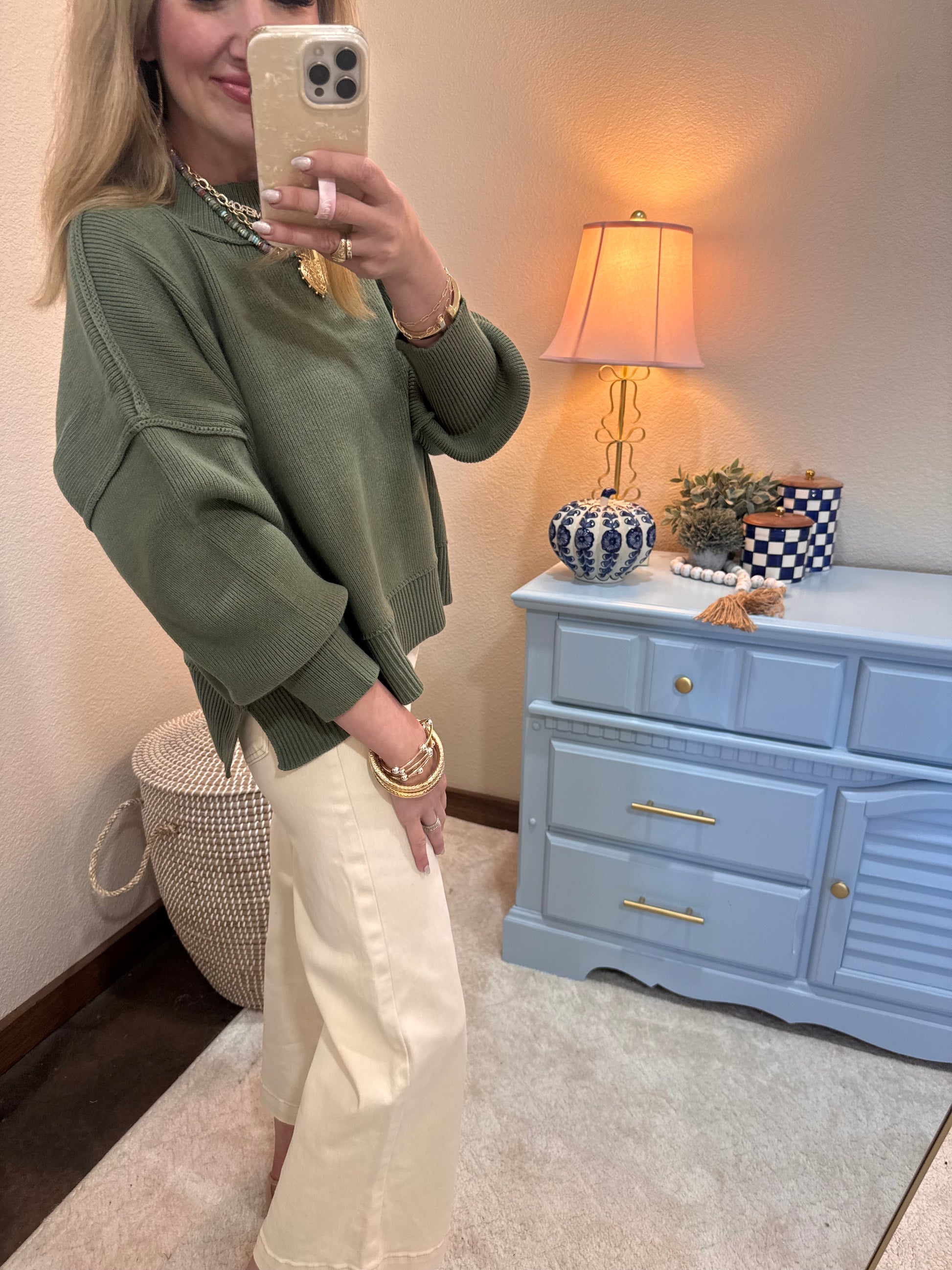 Lt Olive Waist Length Mock Neck Sweater