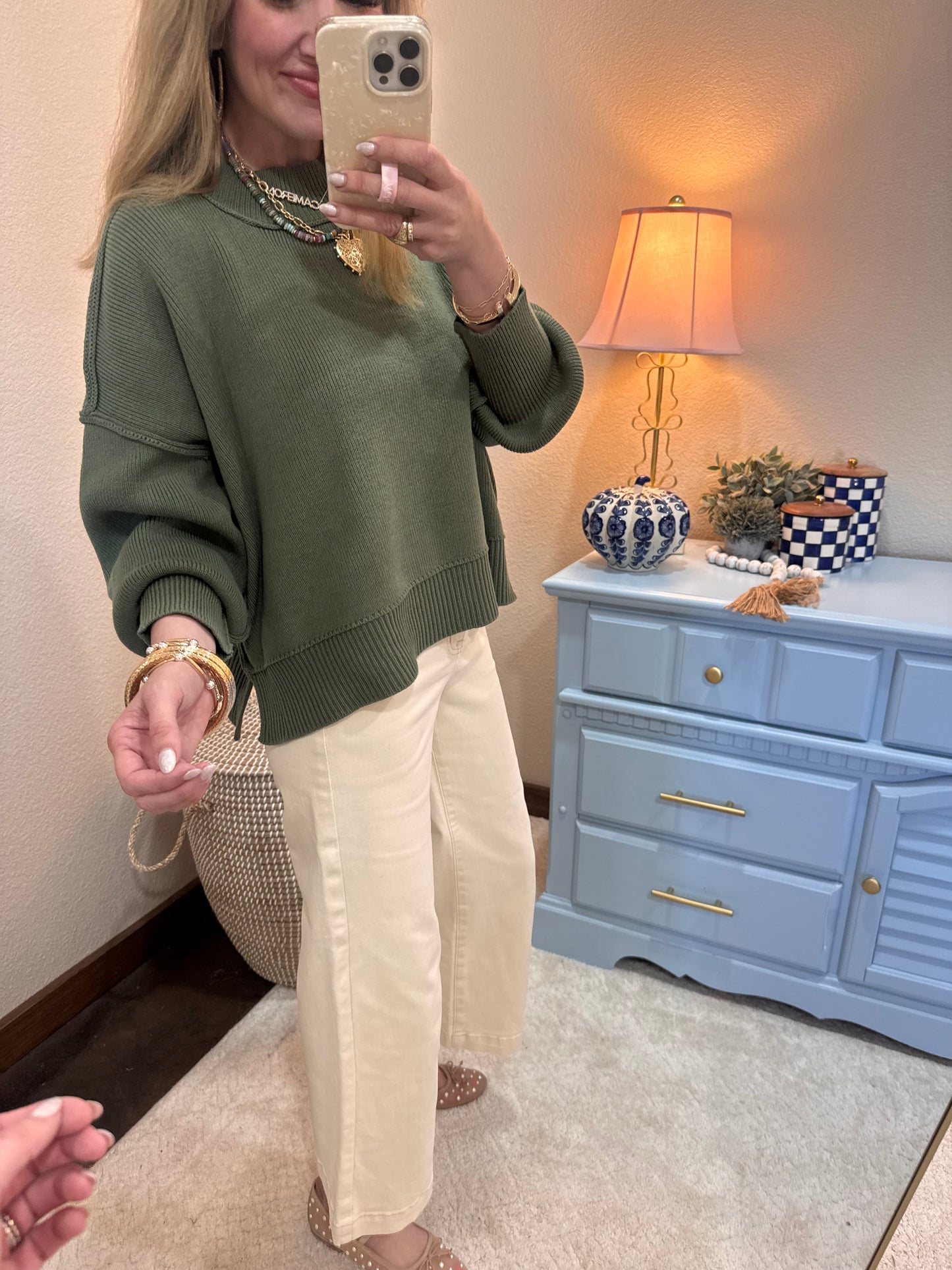 Lt Olive Waist Length Mock Neck Sweater