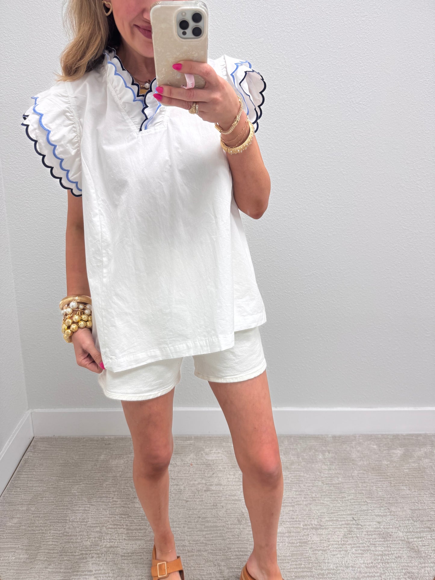Cream Scallop Trim Ruffle Sleeve Top