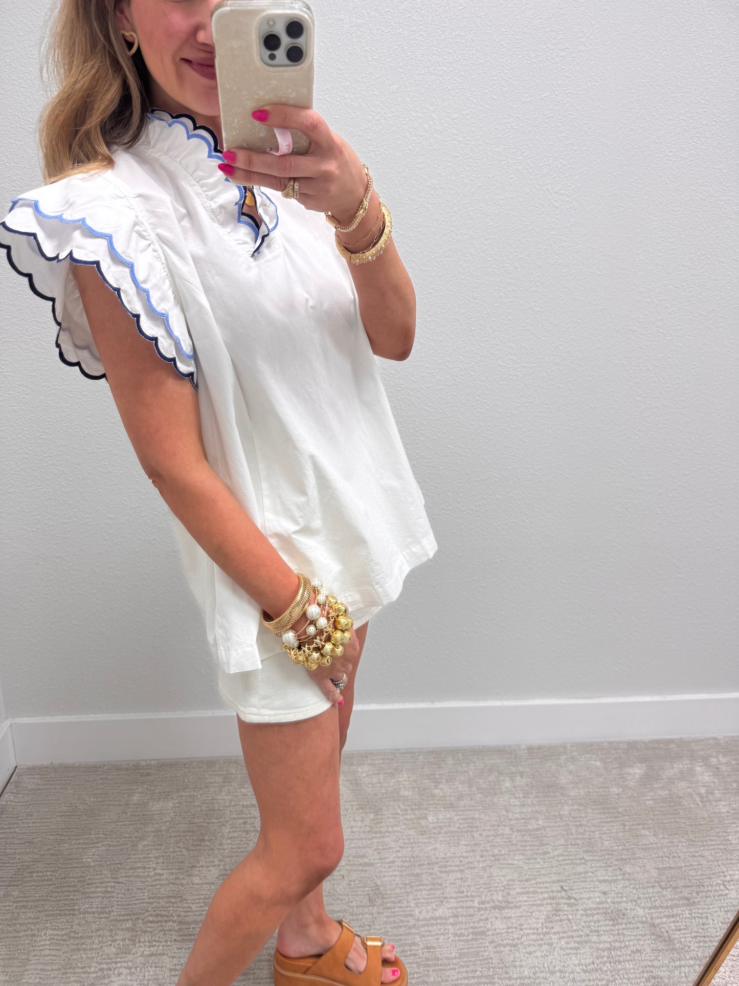 Cream Scallop Trim Ruffle Sleeve Top