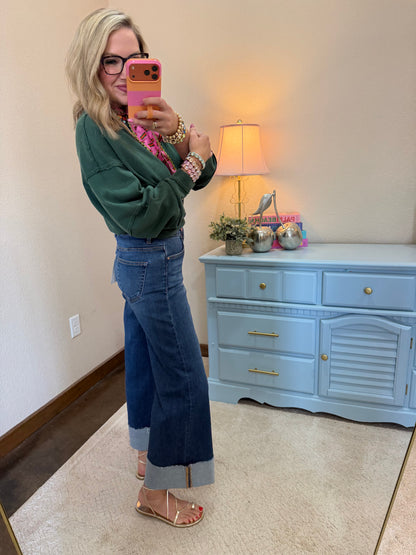 Risen Dark Wash High Rise Crop Stretchy Wide Cuffed Jeans