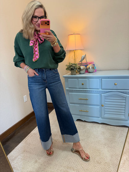 Risen Dark Wash High Rise Crop Stretchy Wide Cuffed Jeans