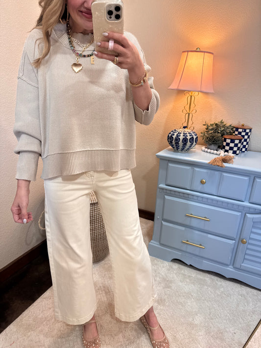 Sand Beige Waist Length Mock Neck Sweater