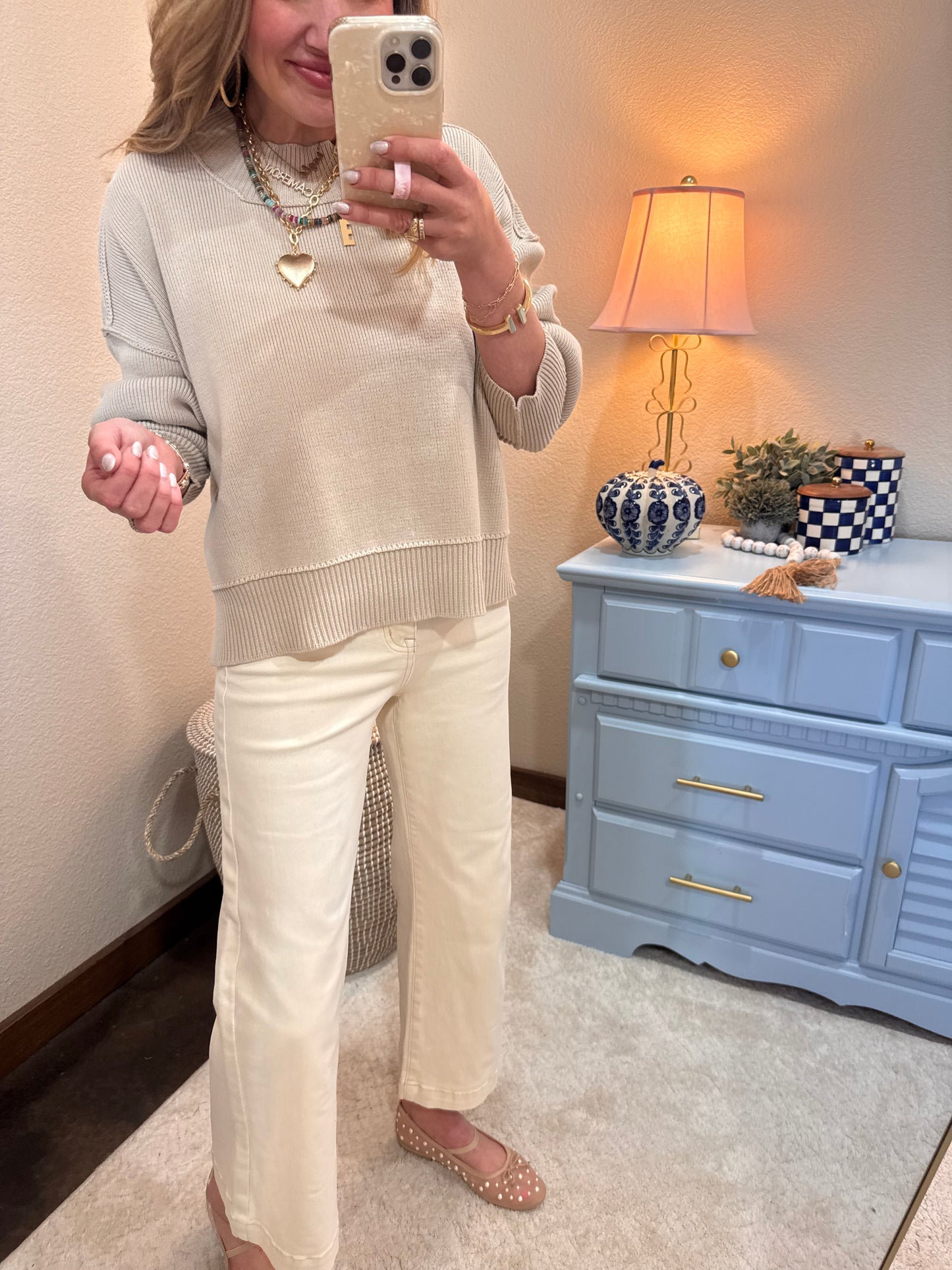 Sand Beige Waist Length Mock Neck Sweater