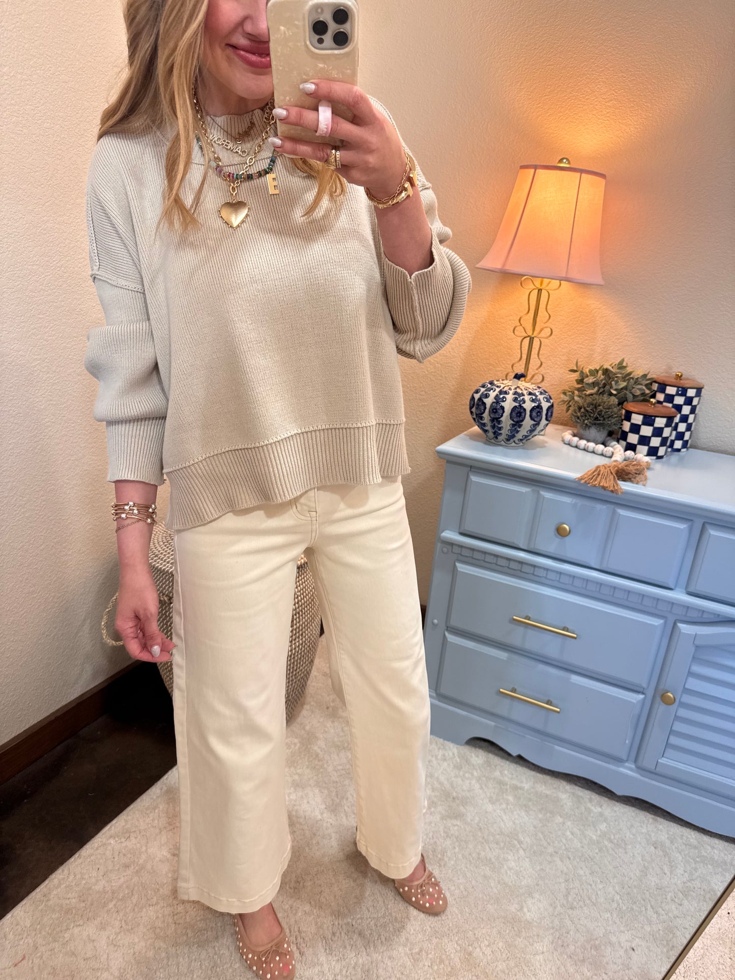 Sand Beige Waist Length Mock Neck Sweater