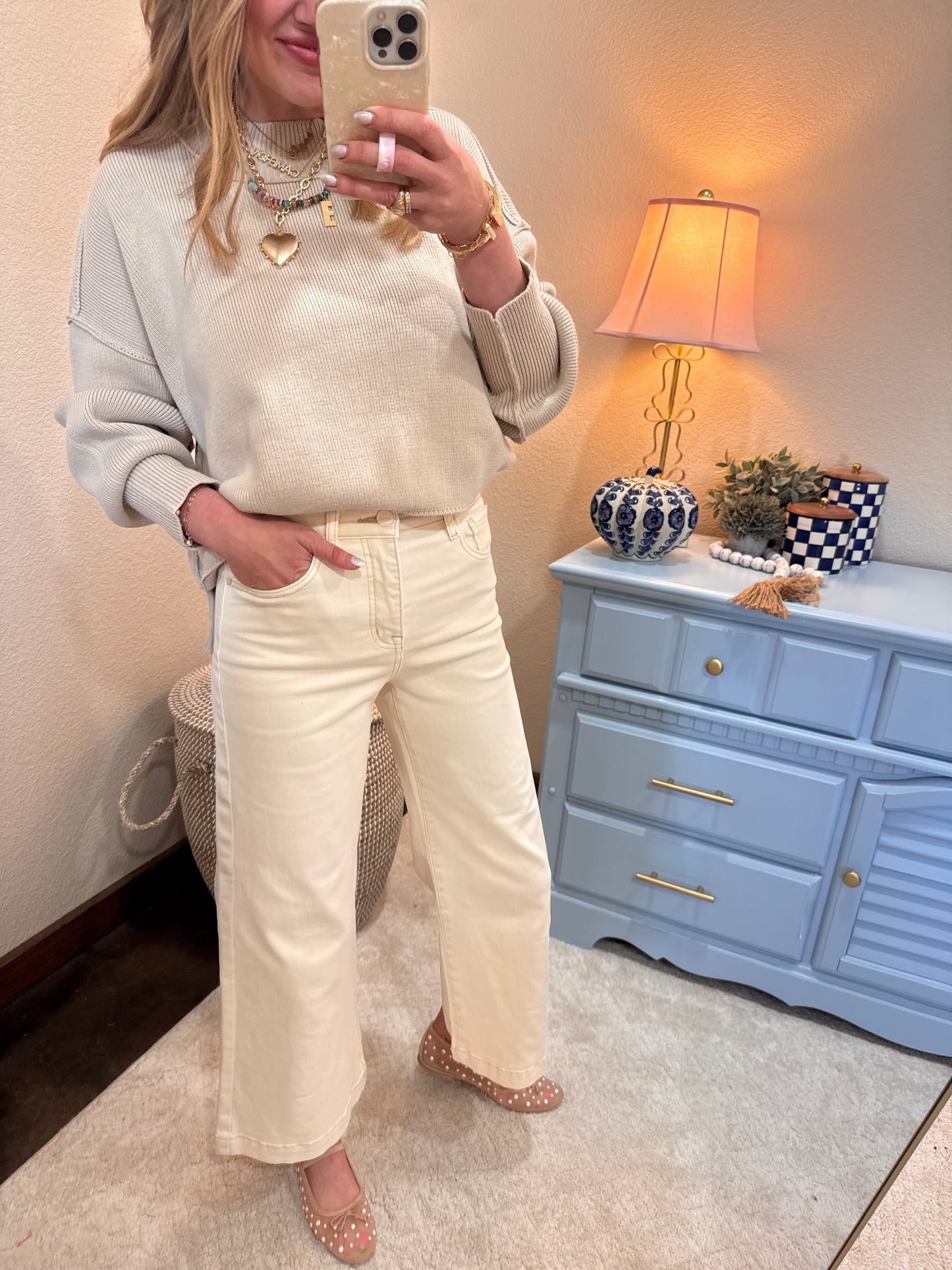 Sand Beige Waist Length Mock Neck Sweater