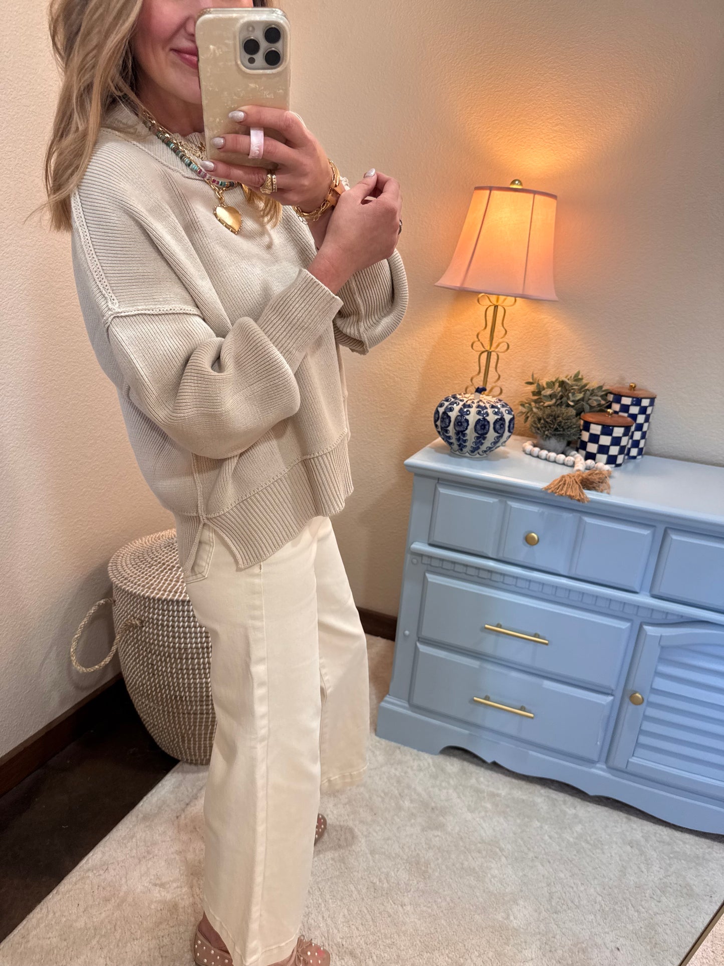 Sand Beige Waist Length Mock Neck Sweater