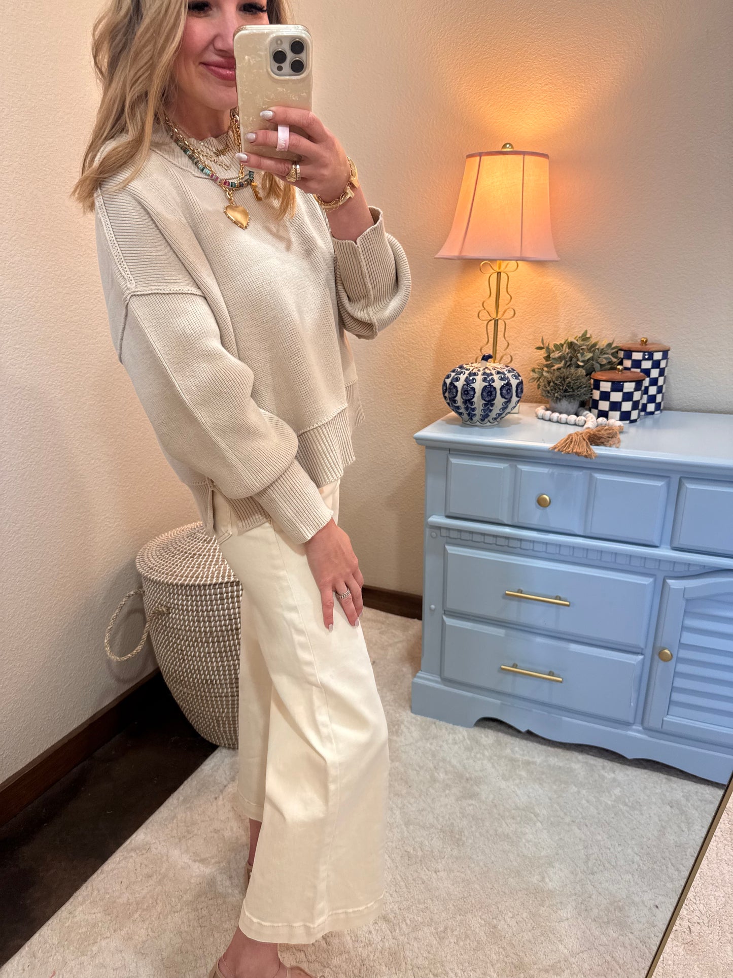 Sand Beige Waist Length Mock Neck Sweater