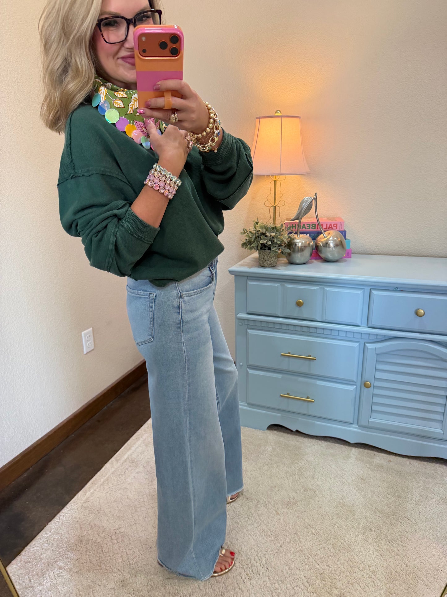 Dark Green Mineral Wash Oversized Raw Edge Crew Neck Top