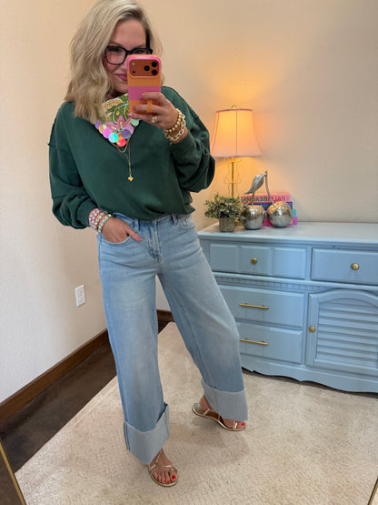 Dark Green Mineral Wash Oversized Raw Edge Crew Neck Top