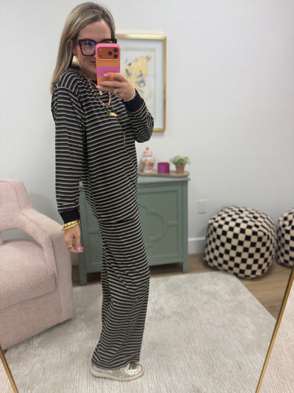 Black Striped Long Sleeve Crew Neck Set