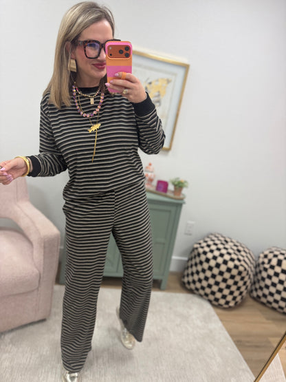 Black Striped Long Sleeve Crew Neck Set