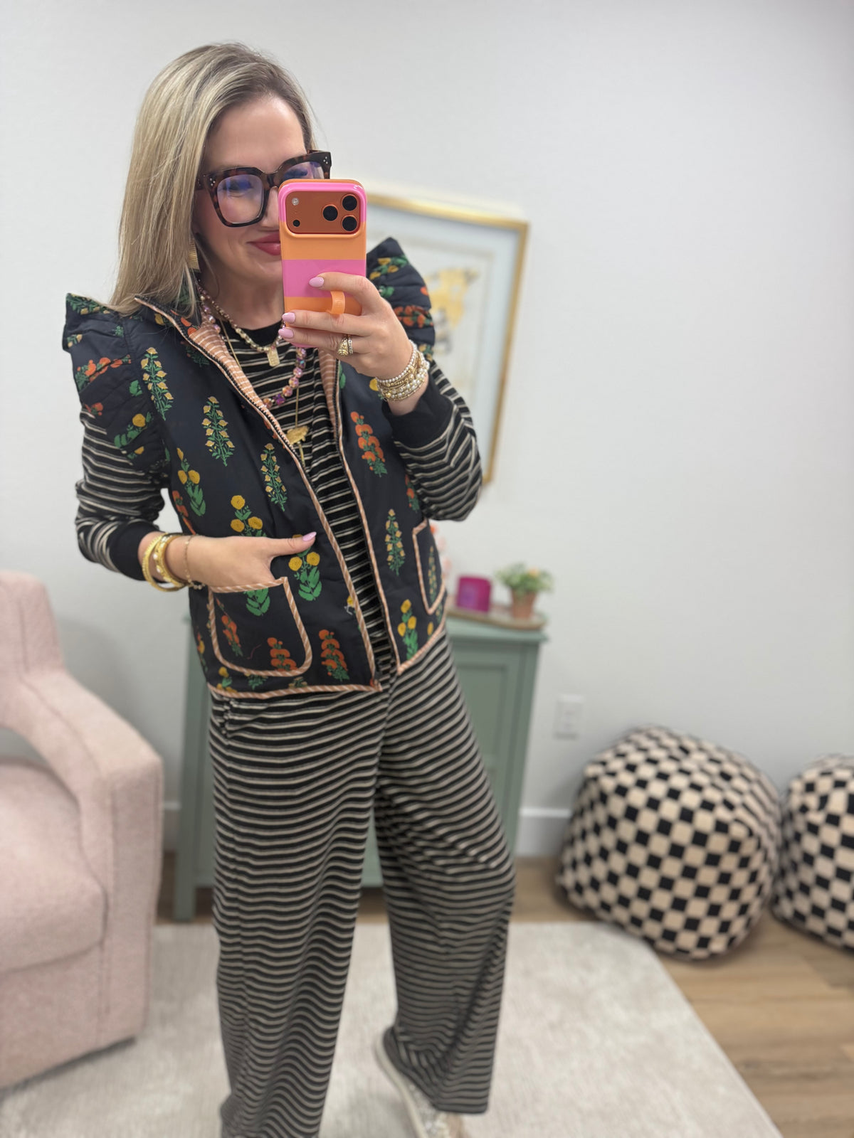 Floral Print Puffy Vest With Pockets