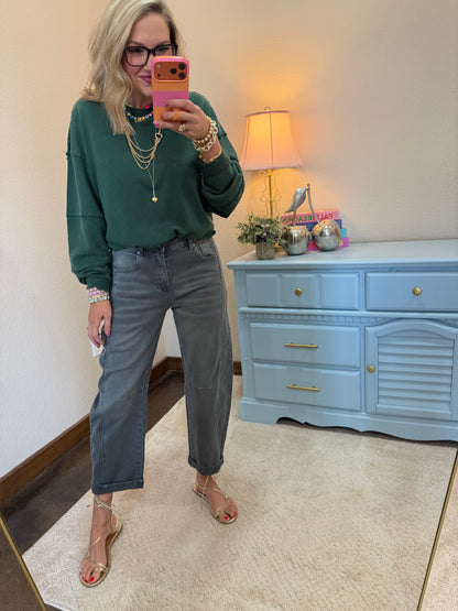 Dark Green Mineral Wash Oversized Raw Edge Crew Neck Top