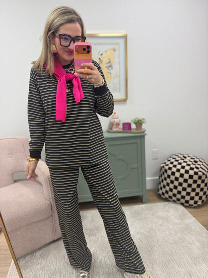 Black Striped Long Sleeve Crew Neck Set