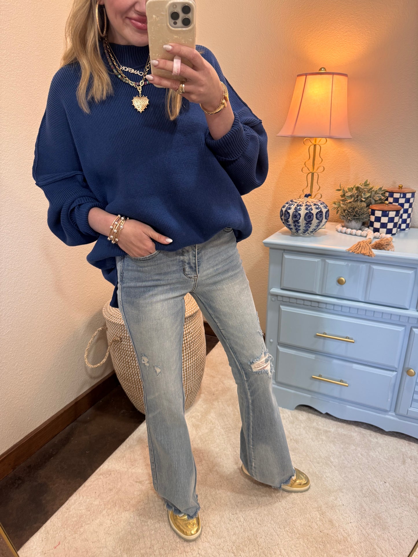 Lt Navy Mock Neck Sweater