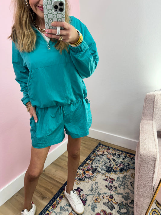 Teal Windbreaker Two Piece Short Set FS