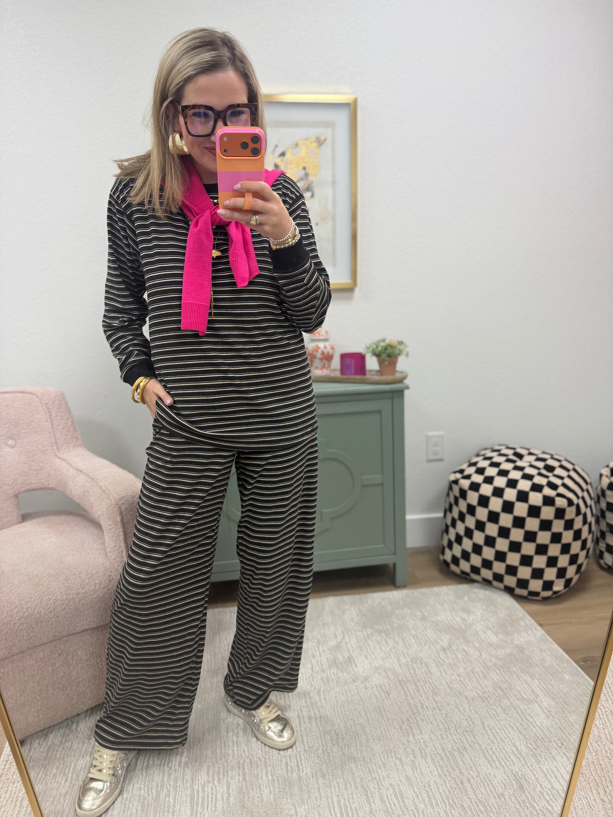 Black Striped Long Sleeve Crew Neck Set