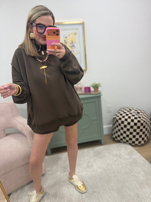 Brown Mock Neck Two Piece Short Set