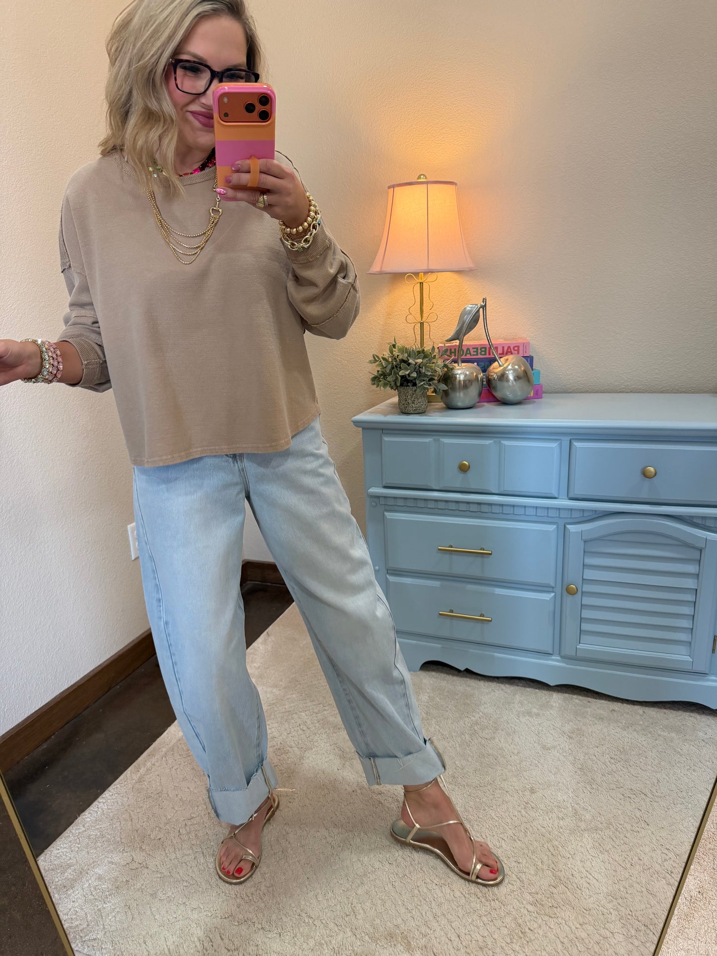 Dark Taupe Mineral Wash Oversized Raw Edge Crew Neck Top