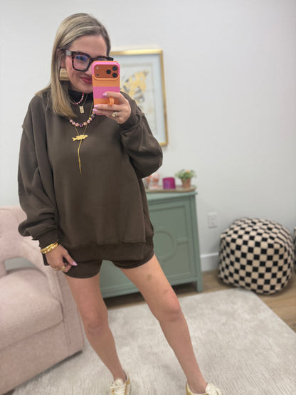 Brown Mock Neck Two Piece Short Set