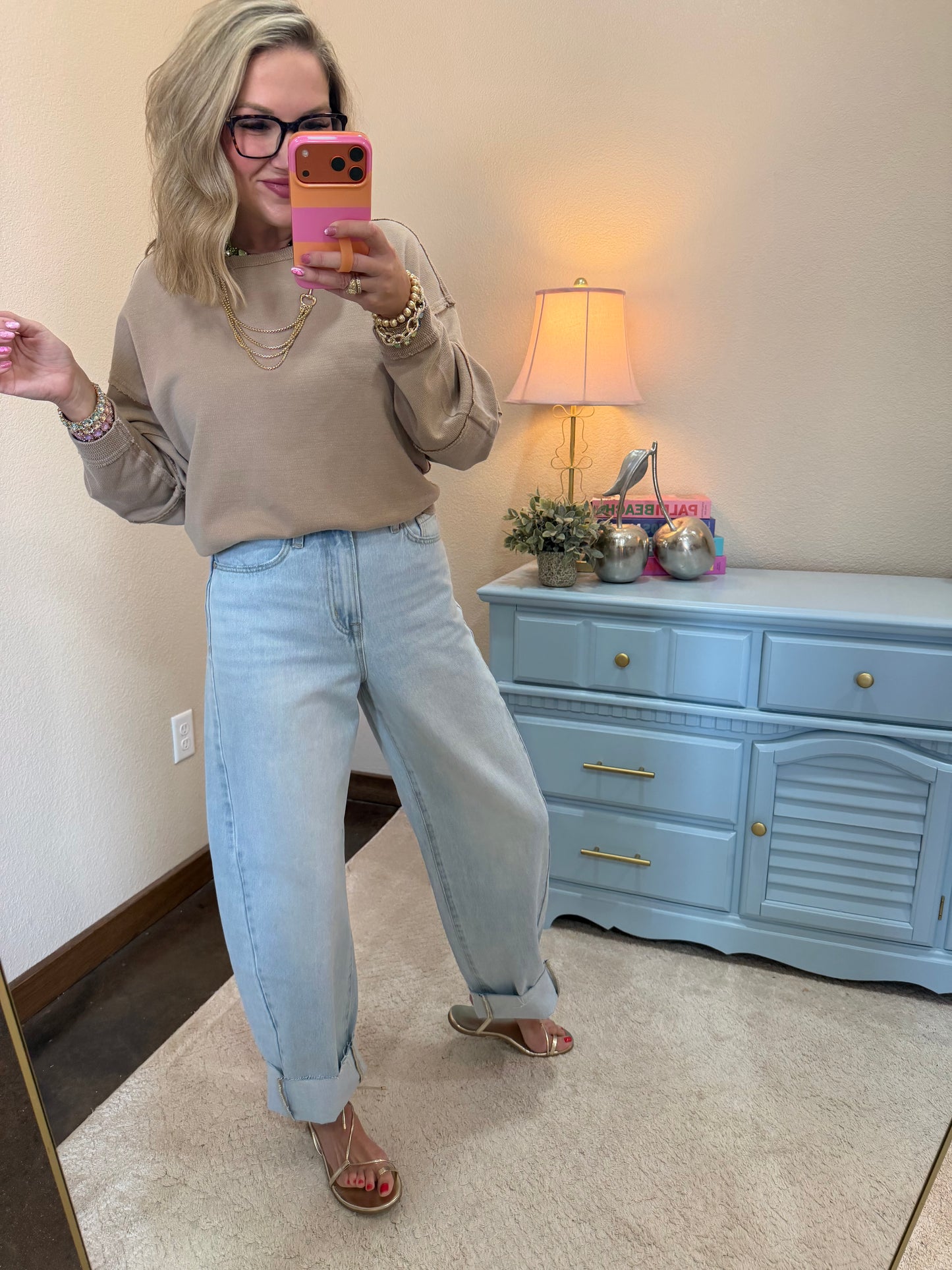 Dark Taupe Mineral Wash Oversized Raw Edge Crew Neck Top
