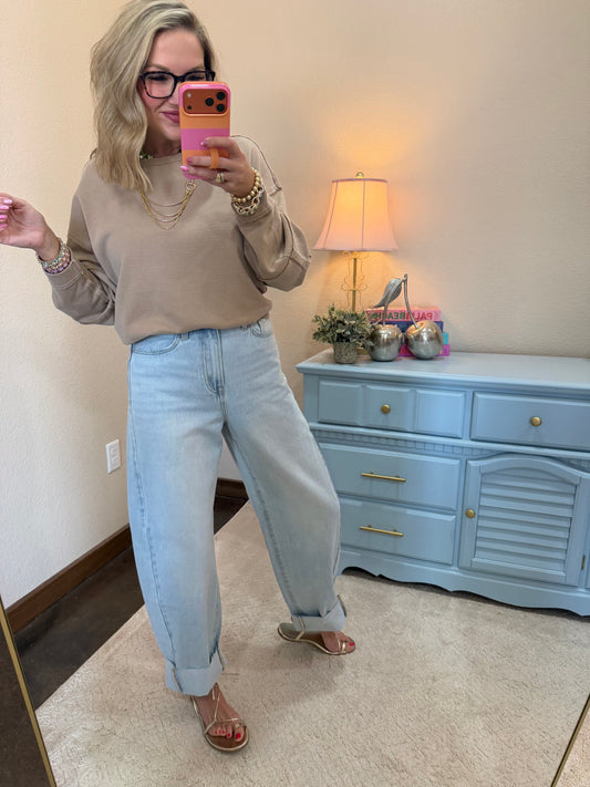 Dark Taupe Mineral Wash Oversized Raw Edge Crew Neck Top
