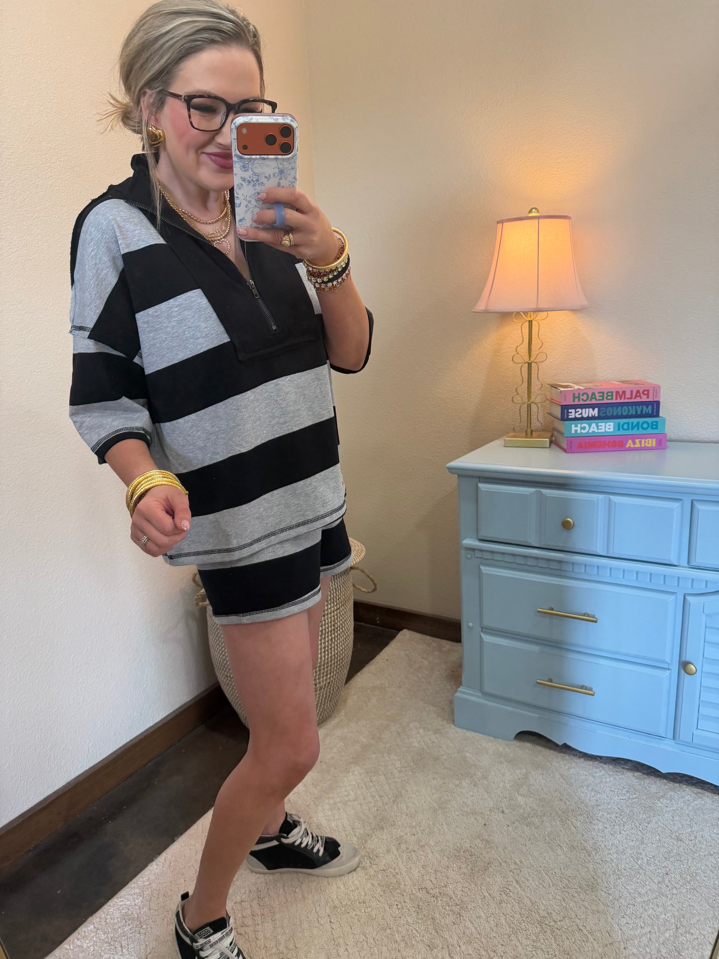Black Striped Rugby Two Piece Set