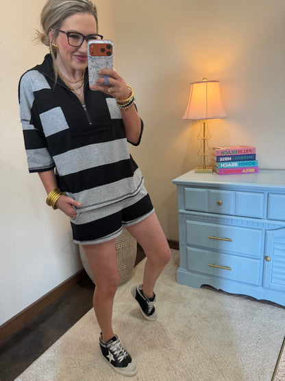 Black Striped Rugby Two Piece Set