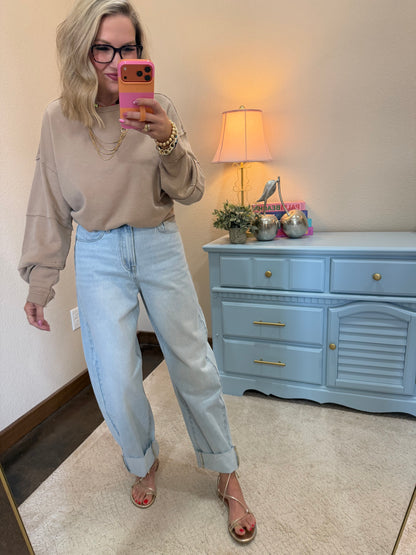 Dark Taupe Mineral Wash Oversized Raw Edge Crew Neck Top
