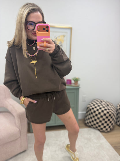 Brown Mock Neck Two Piece Short Set